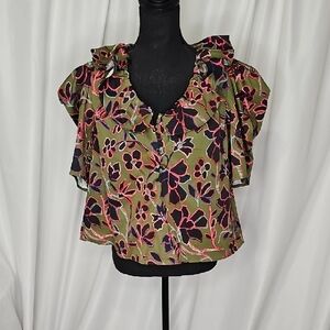 CROSBY by Mollie Burch Floral Blouse-Olive and Pink Size S But Wld Fit A M Easy